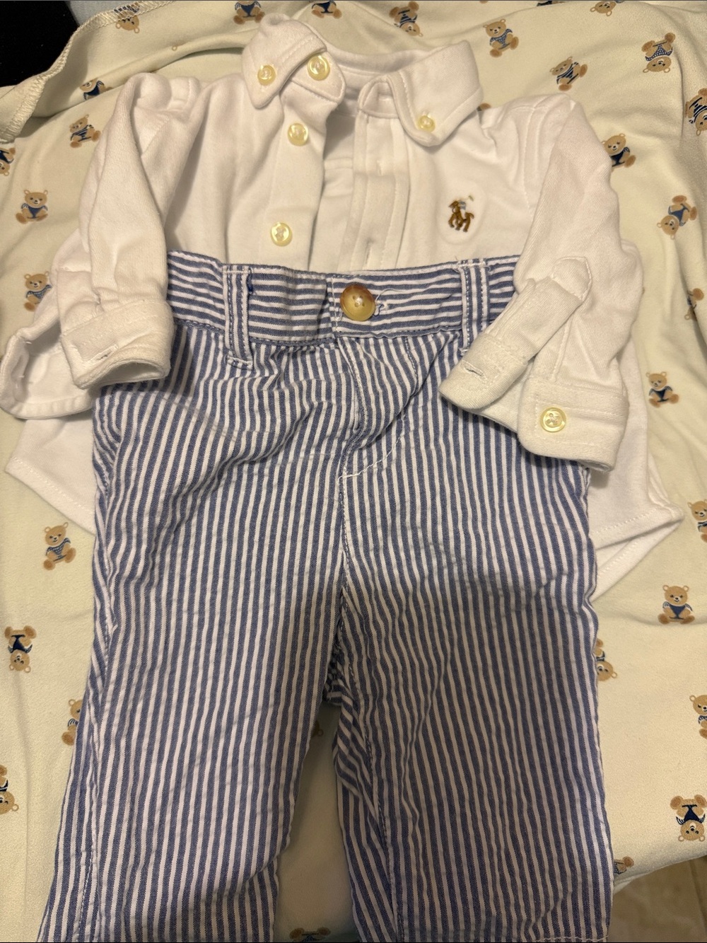 Ralph Lauren White Polo Button Shirt with Blue Striped Pants